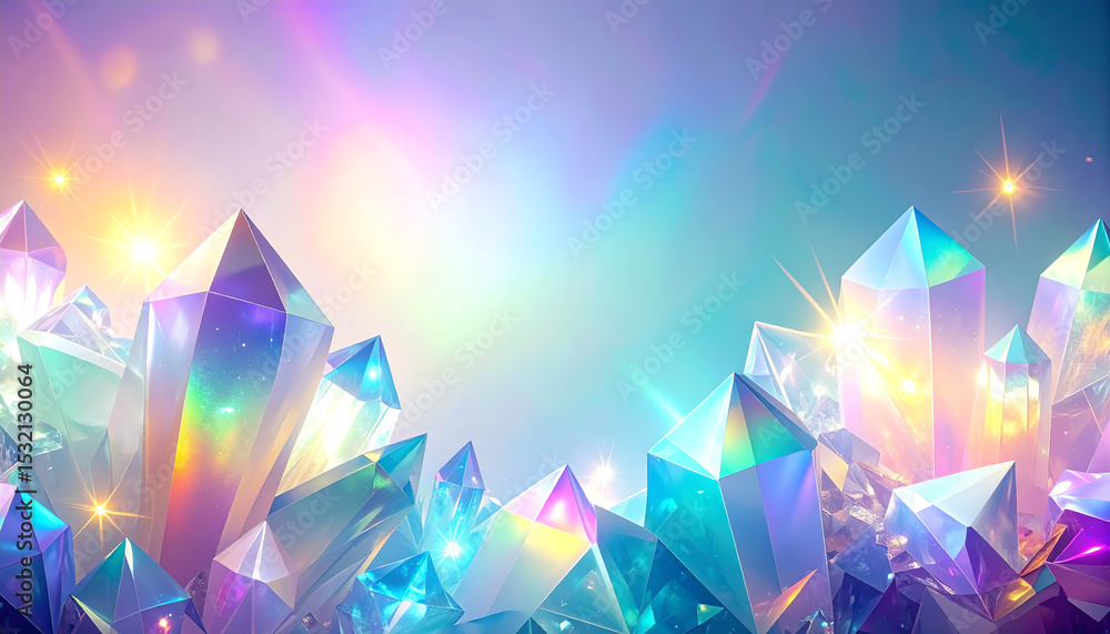 Poster a vibrant display of colorful crystals reflecting light, creating a magical and enchanting atmospher