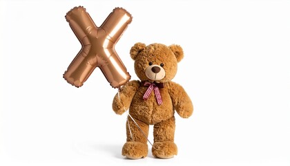 Cute brown teddy bear with balloon letter X. Baby name reveal after child birth. Stuffed animal isolated on white background