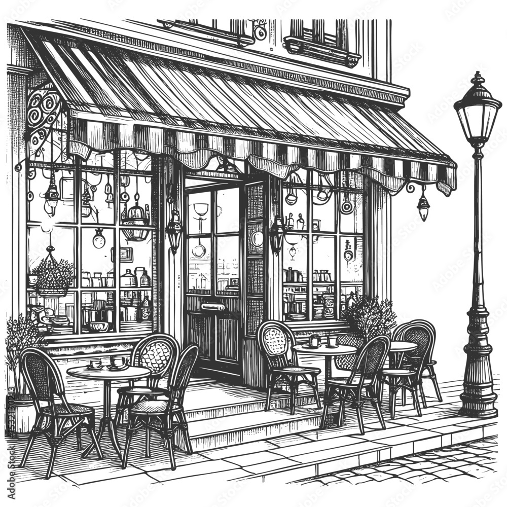 Poster charming outdoor street cafe with tables, chairs, awning, and storefront window display sketch engra