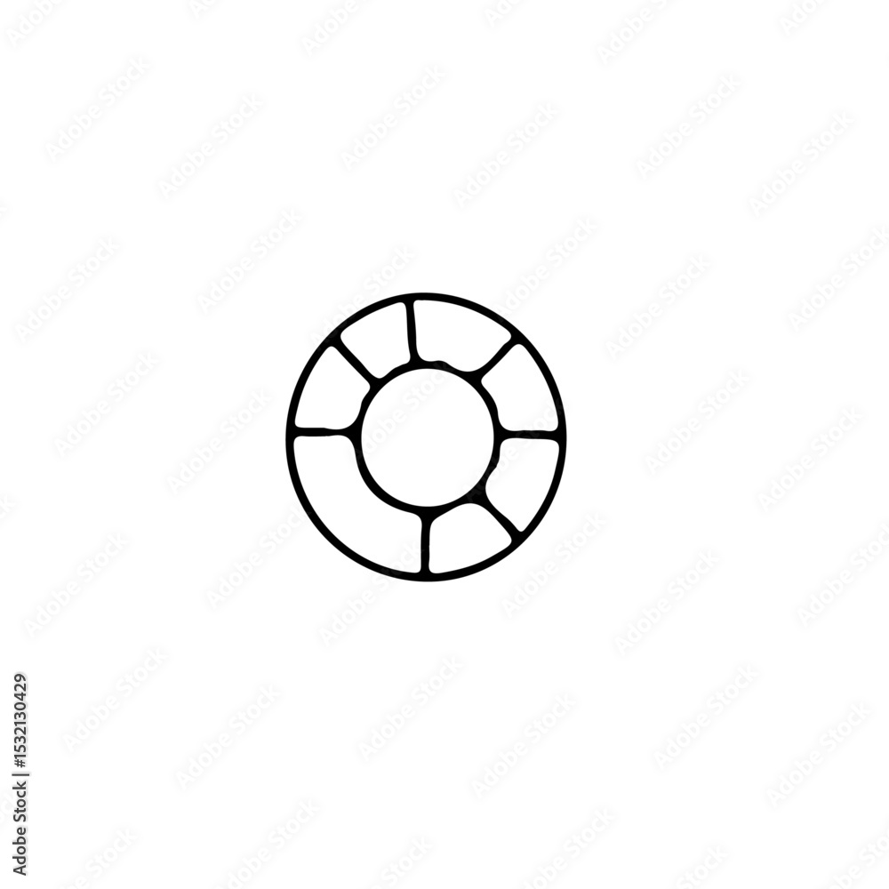 Poster a simple black and white drawing of a circular shape with internal divisions on a white background v