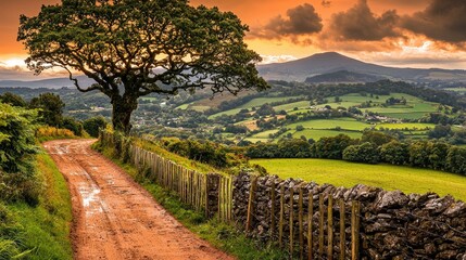 Obraz premium Tree on Hillside with Path and Fence