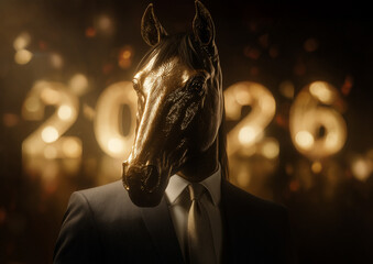 realistic horse head on elegant human body, wearing a stylish suit