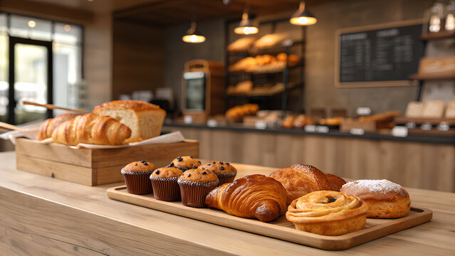 Assorted fresh pastries on bakery counter
