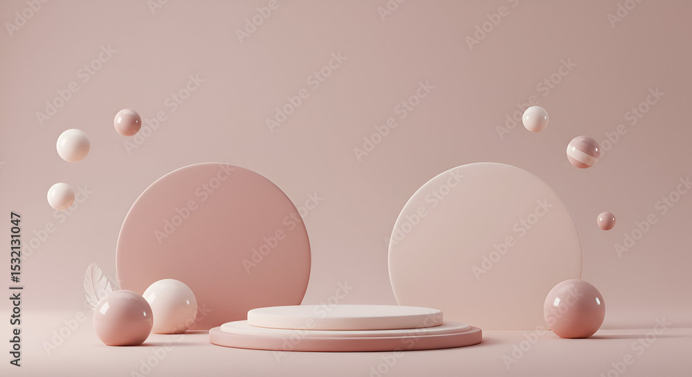 Poster abstract aesthetic display with multiple pale rose and cream colored spheres and a low podium. float