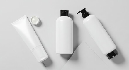 Blank white cosmetic containers arranged on a gray surface, showcasing their form and versatility for branding purposes. Ideal for advertising, editorial, and packaging design inspiration.