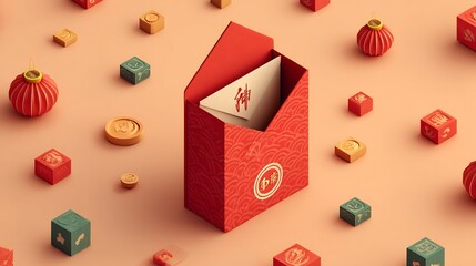 Obraz premium Red Envelope Gifting Trend cultural exchange envelope coin icons international celebration motif prosperity gift diffusion vector illustration