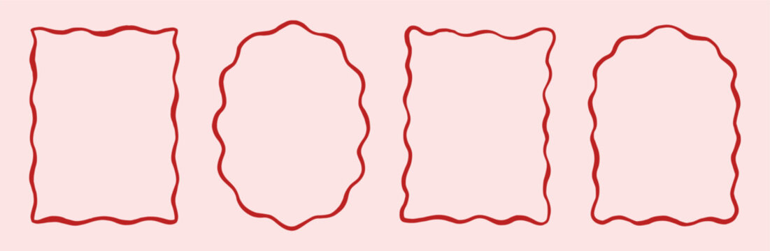 Wavy edge shapes frame box vector illustration isolated on white. Squiggle curve doodle rectangle and oval sketch.
