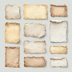 Variety of textured and aged paper sheets arranged randomly on a light background for creative design projects