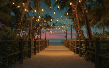Tropical Beach Pathway with Hanging Lights at Dusk