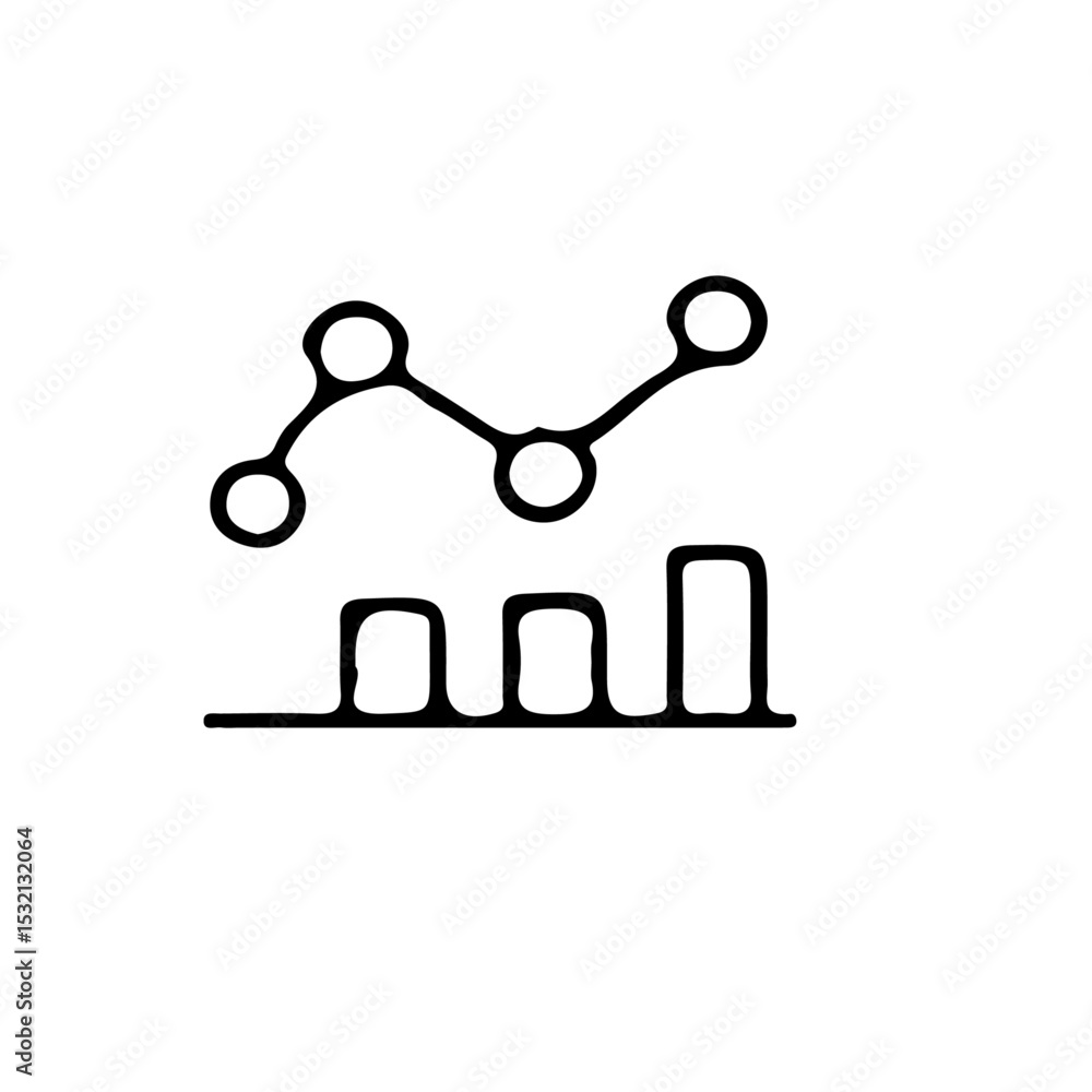 Poster minimalist line art illustration of a data chart with bars and a connected dot line graph on white