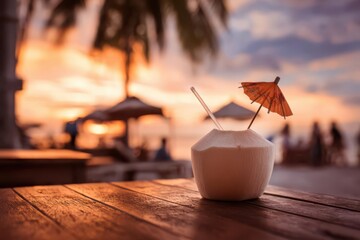 Tropical Coconut Beverage with Straw and Sunset View