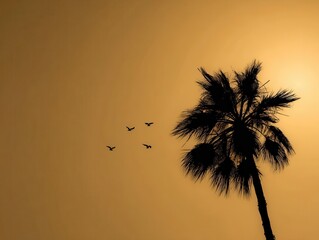 Tropical Palm Outline and Birds Against Sky