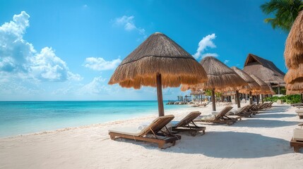 Tropical Resort Beach Scene with Straw Parasols