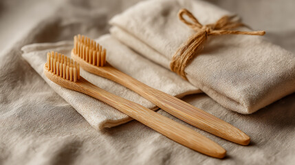 Eco-friendly bamboo toothbrushes with natural packaging on fabric background, ideal for sustainable living, zero waste concepts and oral care visuals