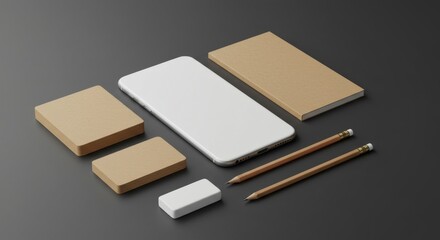 Business presentation with various stationary items, professional and casual design for branding. Mockup of a smartphone, notepad, business cards, pencils and an eraser on a dark surface.