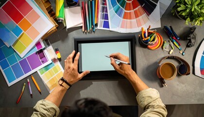 Digital artist creating a design on a tablet surrounded by creative tools