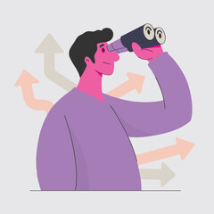 Business Opportunity Search. A Man Looking Through Binoculars Towards the Future