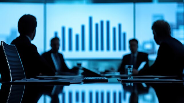 A corporate strategy meeting where holographic charts display AI business insights