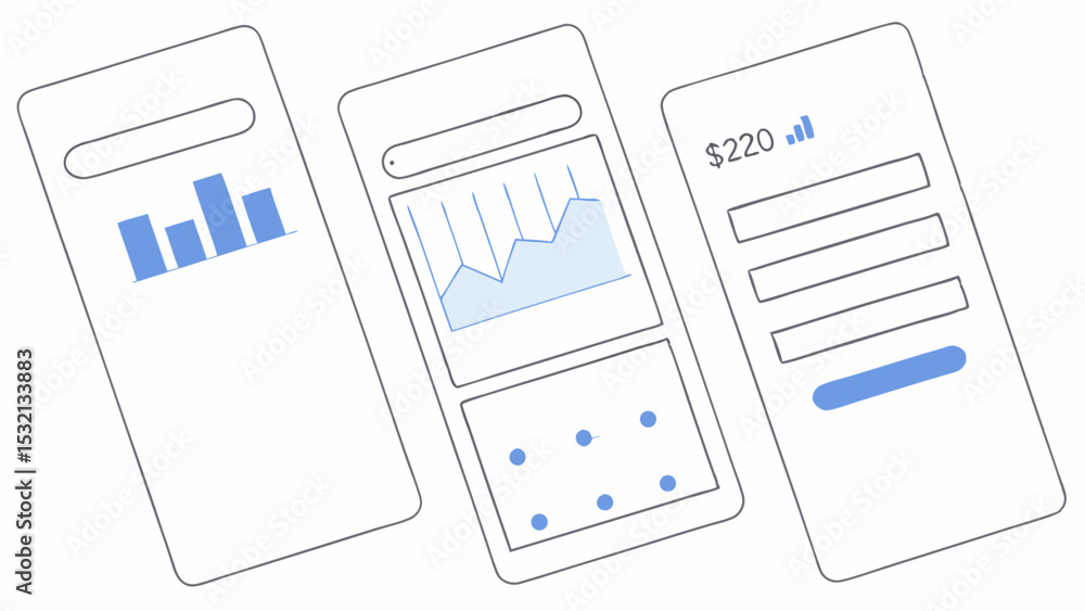 Poster three mobile app screens displaying financial data charts and input fields for user interaction desi