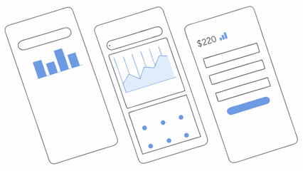 Three mobile app screens displaying financial data charts and input fields for user interaction design
