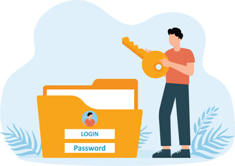 Cyber security, high protection and safety for login account, secure data privacy, online authentication concept, businessman hold key unlock the user account.

