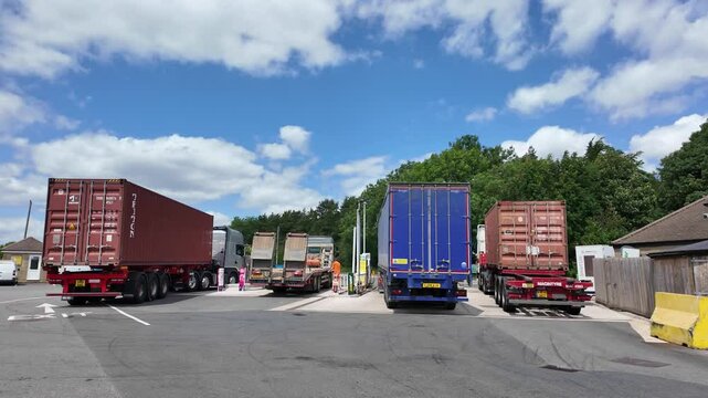 West Midlands England UK. 02.06.2025. Video.  Lorries refuel at a truck stop service area in the West Midals England UK.