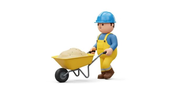 Cartoon construction worker pushing wheelbarrow with sand