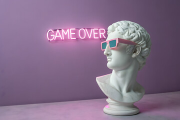 Classical marble bust wearing retro sunglasses with neon pink "Game Over" sign on purple wall in modern pop style