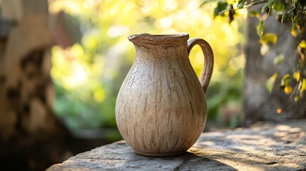 Rustic Ceramic Jug in a Serene Garden Setting