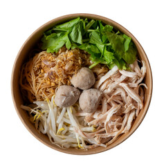 Delicious Noodle Soup with Meatballs and Fresh Herbs in a Paper Bowl