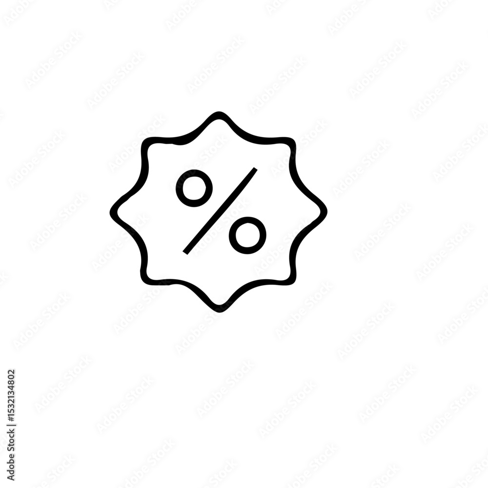 Poster a simple line drawing of a percentage symbol inside a starburst shape on a white background surface 