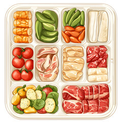 Fresh and colorful assortment of vegetables and meats neatly organized in a transparent plastic food storage container with nine compartments for healthy meal prep