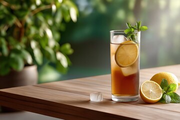 Fototapeta premium Refreshing citrus beverage with lemon slices and mint leaves in a tall glass on a wooden surface