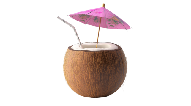 3D coconut drink with umbrella and straw, summer refreshment theme, white background, PNG - Powered by Adobe