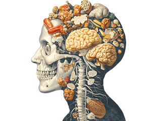 Artistic composition of a human skull with detailed brain and spices on a white background emphasizing anatomy and culinary elements