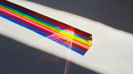 Close-up of a luminous triangular prism refracting intense sunlight into vivid rainbow bands on , symbolizing abstract concepts of frequency spectrum allocation and wireless technology connectivity.