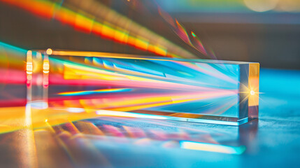 Close-up of glowing prism refracting sunlight into vibrant color bands on minimalist white surface, symbolizing wireless frequency allocation and spectrum analysis.