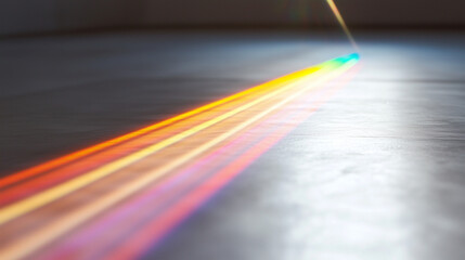 Close-up of glowing prism refracting sunlight into vibrant color bands on minimalist white surface, symbolizing wireless frequency allocation and spectrum analysis.