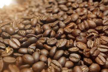 Close up brown roasted coffee beans