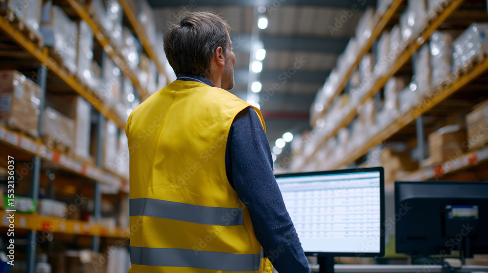 Poster warehouse worker checking inventory data on computer monitor in storage facility.
