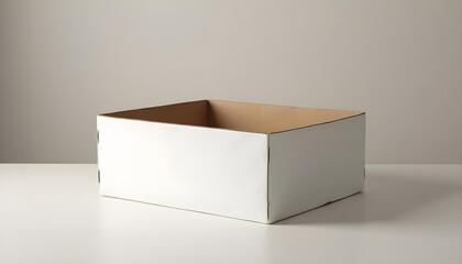 Caja de cartón blanca y marrón abierta. Fondo blanco neutro