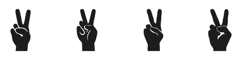 Victory Hand Gesture Silhouette Icons Set. Communication And Peace Symbol Collection. Graphic Design And Social Media Use. Isolated Vector Illustration