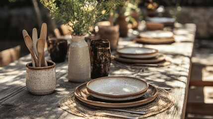 Rustic Outdoor Table Setting with Ceramic Dishes and Wooden Spoons