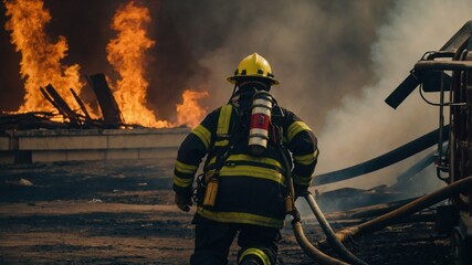 Firefighter Walking Toward Burning Building With Smoke and Flames