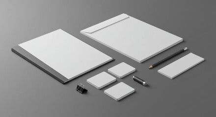 Modern, minimalist, and professional stationery set mockups with blank paper and black accents. Ideal for branding and marketing materials, or advertising promotional stationery.