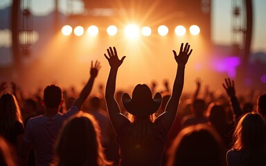 A country music festival in Texas, with a crowd waving. High quality