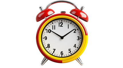 3D alarm clock with ringing bells in vibrant red and yellow, symbolizing urgency, transparent PNG