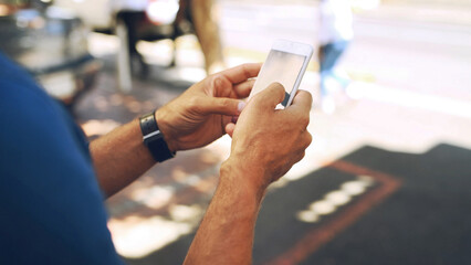 Mobile screen, hands and person on street for travel, navigation app or search destination online....