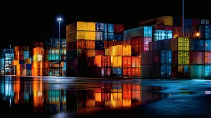 Fototapeta premium Vibrant Night View of Colorful Shipping Containers at a Port