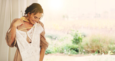 Happy woman, bride and choice for wedding dress in home, fitting preparation and admire style. Bridal fashion, marriage gown and clothes for matrimony, decision and getting ready for event with space